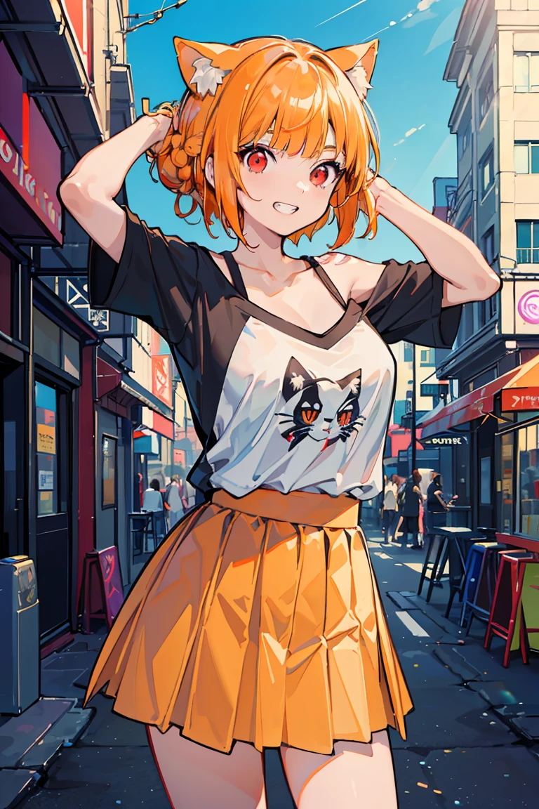 (1 Cat Girl), (Nekomimi Girl), (super high quality), masterpiece, wild, beast, Casual Scene, (Put your hands behind your head), Relaxed atmosphere, she wears fashionable clothes, Stylish T-shirt and skirt,  sun&#39;s rays emit warm colors, Street atmosphere, urban environment. Perfect body, (E Cup:1.2), Grin, teeth, Fresh, (Asymmetrical bangs:1.3), Braided bun hair, short hair, Highly detailed face and eyes, (Orange Hair, Bright red eyes:1.2),cyber punk, SF, (Exposing shoulders), Digital Art, beautiful, Cinema Lighting, By Yusuke Murata.tonality, Romanticism, modern art, Impressionism, reflected light, 8k, masterpiece, Advanced Details, highest quality, Accurate anatomy