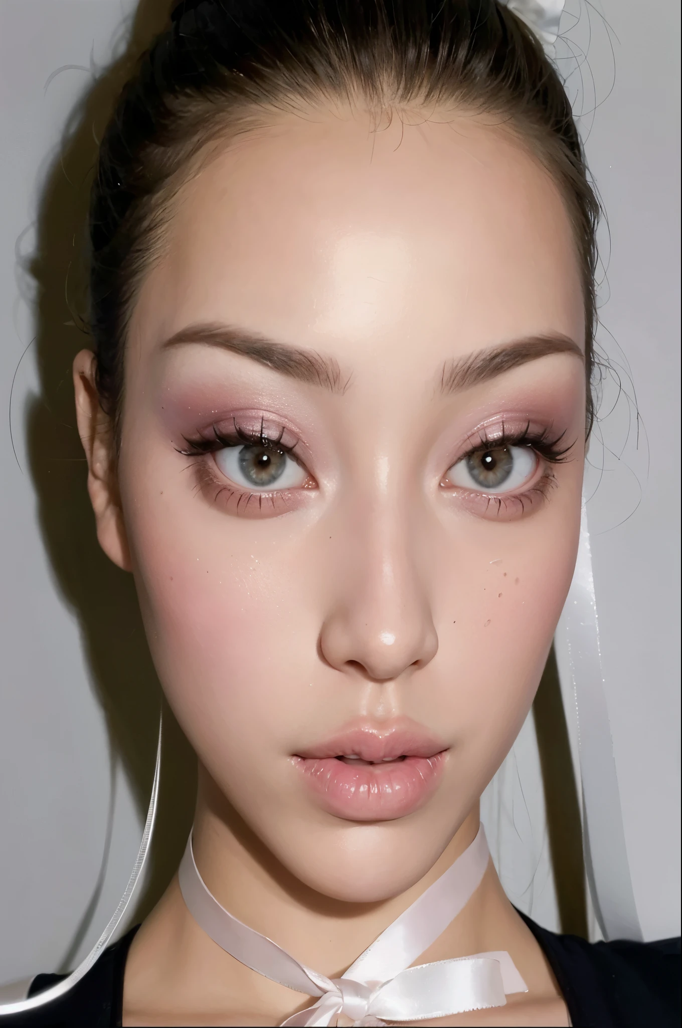 a close-up of a woman with pink makeup and a white bow, maquiagem pastel, rosto sexy com maquiagem completa, Bella Poarca, White eyelashes, face like exposed ester, olhar de fada, tom de pele rosa pastel, estilo de maquiagem pop, maquiagem suave, maquiagem clara, olhos brilhantes, delicate pale pink lips, light pink thin lips, asymmetrical face, breathtaking look