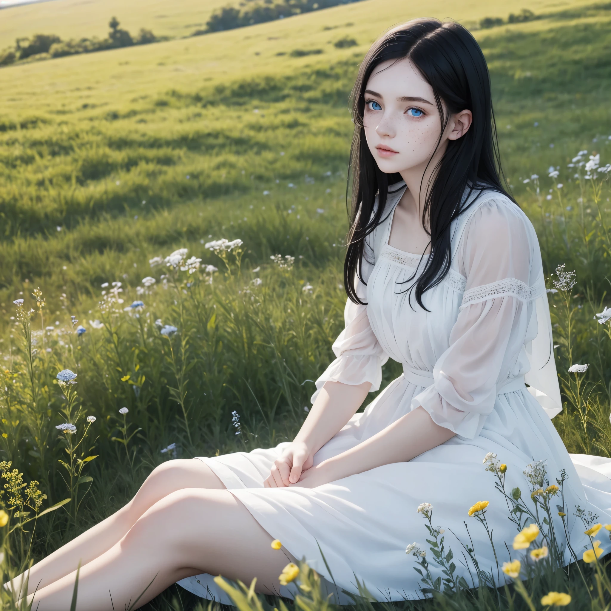Young girl with black hair, blue eyes, pale skin, Freckles, in a white dress, sitting in the meadow of light