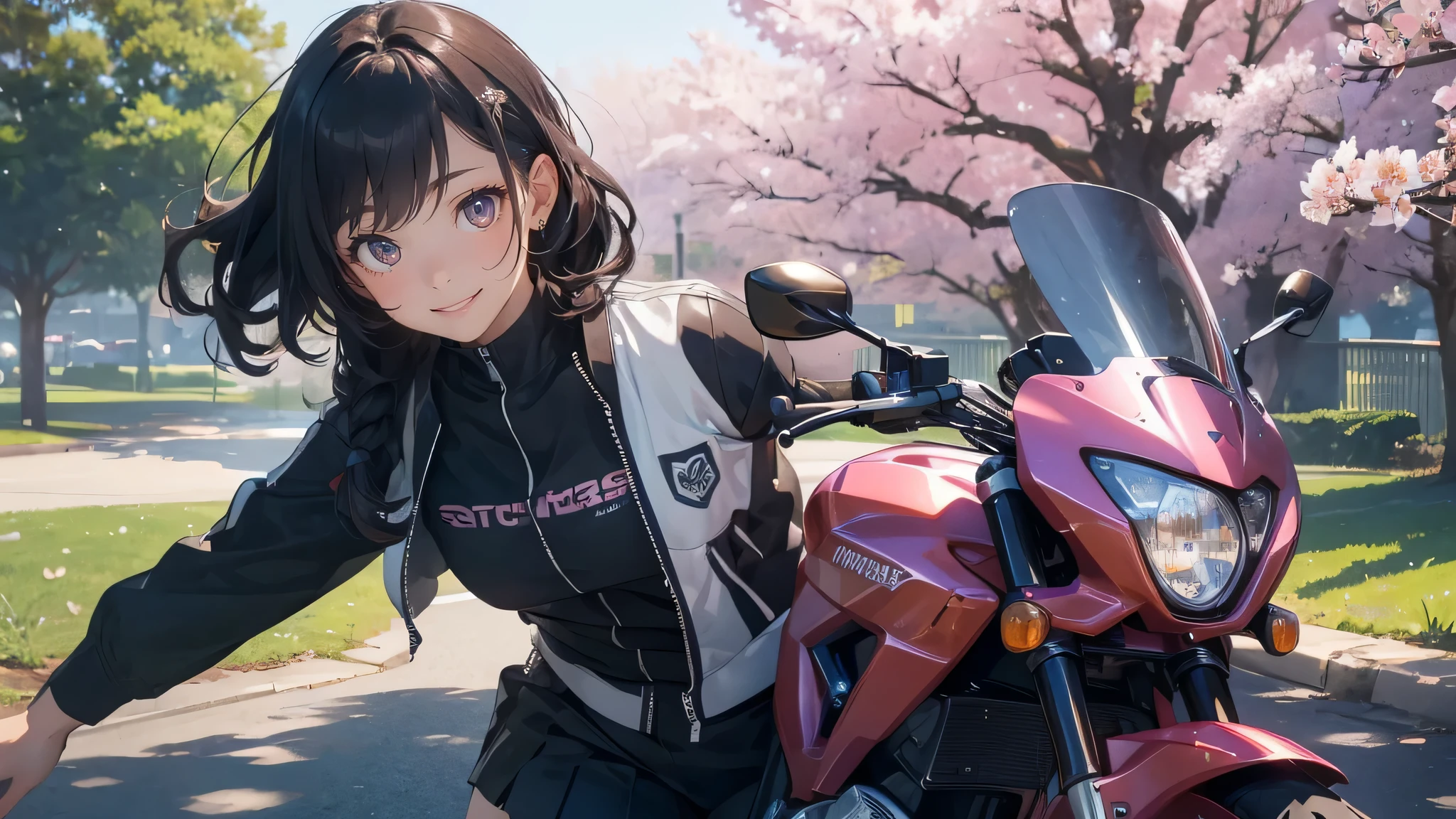 (girl riding a motorcycle:1.2),A park where cherry blossoms dance,high school girl,(random cute pose),(random hairstyle),(Highest image quality,(8K), Ultra-realistic, Best Quality, High quality, High Definition, high quality texture, high detailing, Beautiful detailed, fine detailed, extremely details CG, Detailed texture, realistic representation of face, masterpiece, presence)