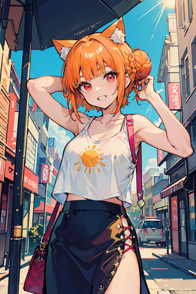 (1 daughter), (Nekomimi Girl), (super high quality), masterpiece, wild, beast, Casual Scene, (Put your hands behind your head), Relaxed atmosphere, she wears fashionable clothes, Stylish T-shirt and skirt,  sun&#39;s rays emit warm colors, Street atmosphere, urban environment. Perfect body, (E Cup:1.2), Grin, teeth, Fresh, (Asymmetrical bangs:1.3), Braided bun hair, short hair, Highly detailed face and eyes, (Orange Hair, Bright red eyes:1.2),cyber punk, SF, (Exposing shoulders), Digital Art, beautiful, Cinema Lighting, By Yusuke Murata.tonality, Romanticism, modern art, Impressionism, reflected light, 8k, masterpiece, Advanced Details, highest quality, Accurate anatomy