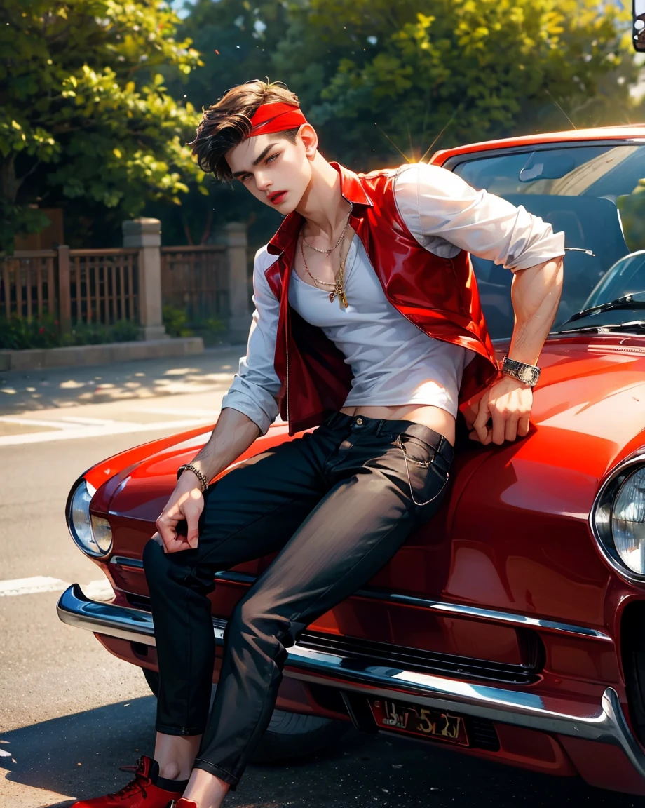 HD quality, high definition, male 18 years old handsome, muscular and slim, red lips, leaning against a red sports car, naked or wearing thong, model with bracelets, earrings and Necklace, wearing head band and sunglasses, open red vest, full sexy body, mouth open, eyebrowse angry, side view, wearing shoes