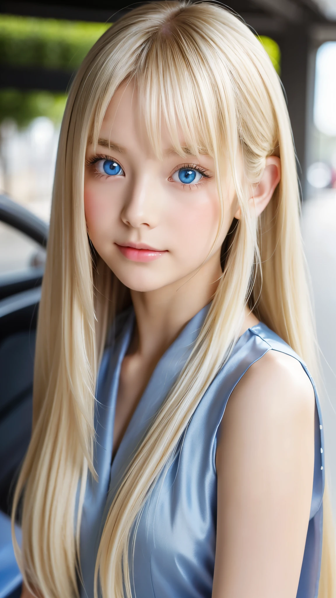 Shining, clear, white skin、Her windblown blonde hair hides her beautiful face、huge、28 years old cute sexy little beautiful face、Beautiful straight hair that stands out、growing up, Sparkling light blue eyes、long silky bangs that cover cute eyes, Sexy and cute young woman with super long hair hiding her sexy face、Super long, natural platinum blonde shiny hair