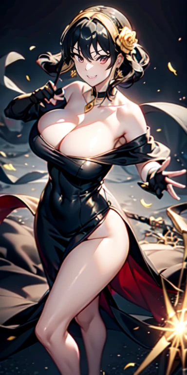 yor briar, anime style beutiful woman, 1girl,full body, happy, smile, red face, closed mouth, beautiful detailed eyes, super detailed skin, backlighting, bare shoulders, black background, black dress, black gloves, black hair, breasts, dress, earrings, fingerless gloves, floating hair, floral print, flower, gloves, gold earrings, gold hairband, hair flower, hair ornament, hairband, holding, holding weapon, jewelry, large breasts, long hair, looking at viewer, off-shoulder dress, off shoulder,red eyes, short hair with long locks, sidelocks, solo, spikes, thighs, two-sided dress, two-sided fabric, weapon, fighting stance , face, close up, from above, highest quality, high resolution.