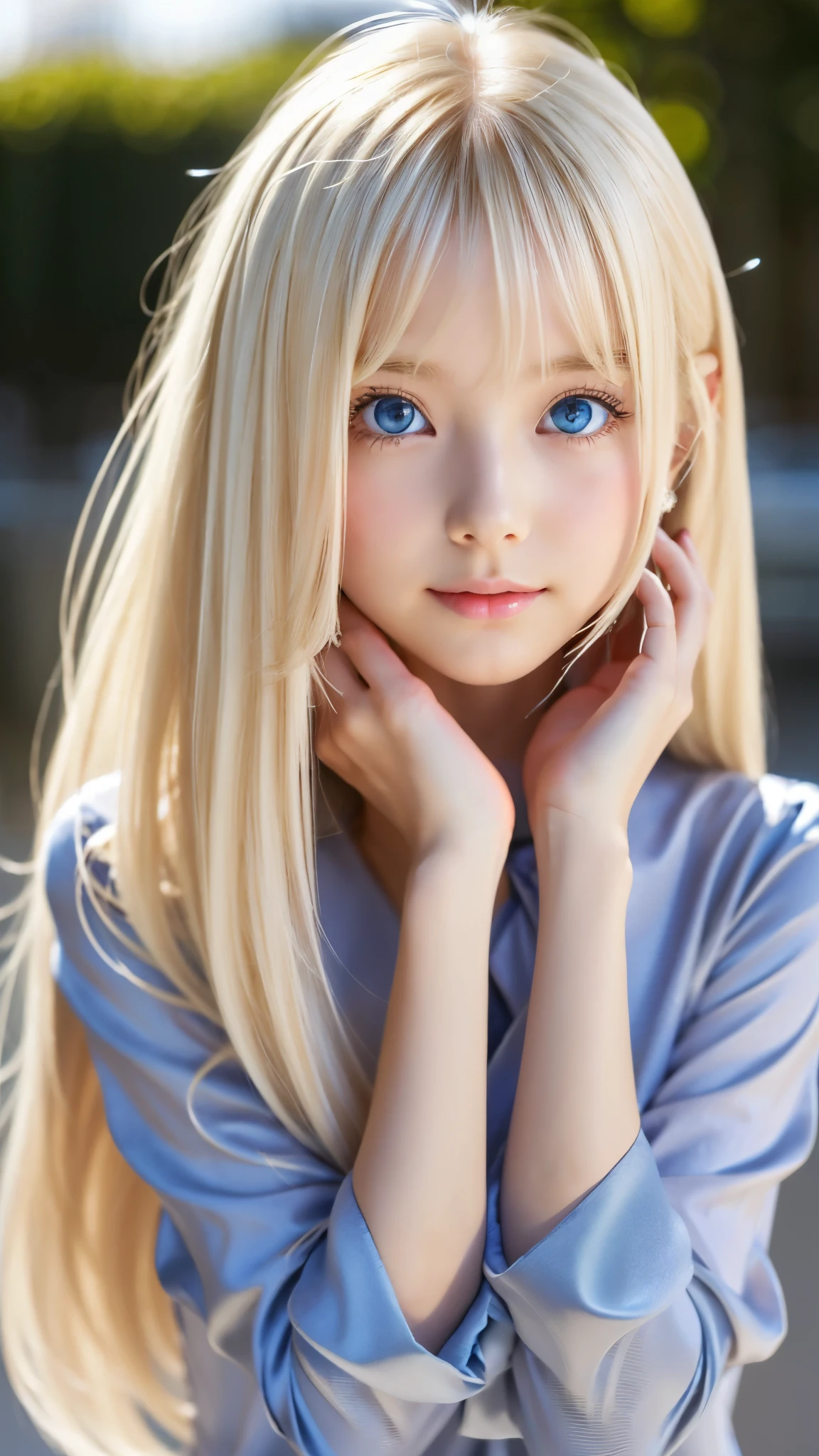 Shining, clear, white skin、Her windblown blonde hair hides her beautiful face、huge、28 years old cute sexy little beautiful face、Beautiful straight hair that stands out、growing up, Sparkling light blue eyes、long silky bangs that cover cute eyes, Sexy and cute young woman with super long hair hiding her sexy face、Super long, natural platinum blonde shiny hair