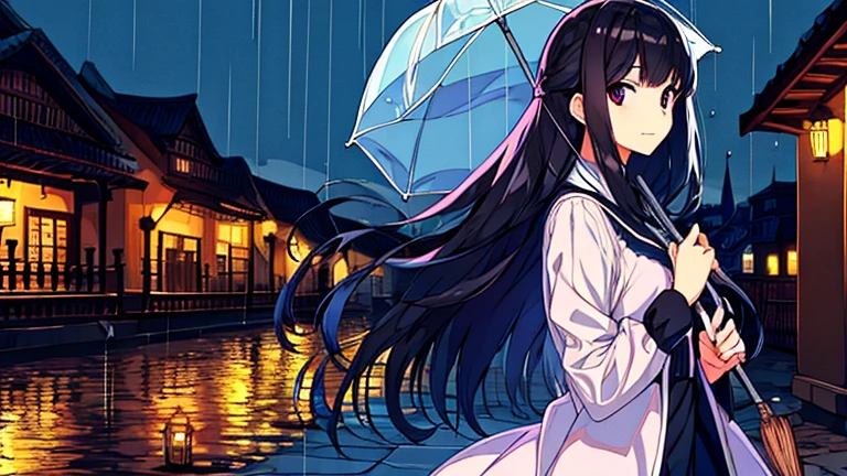 (Highest Resolution, clear_image), highest quality, umbrella, Town,heroine,rain,Black Hair