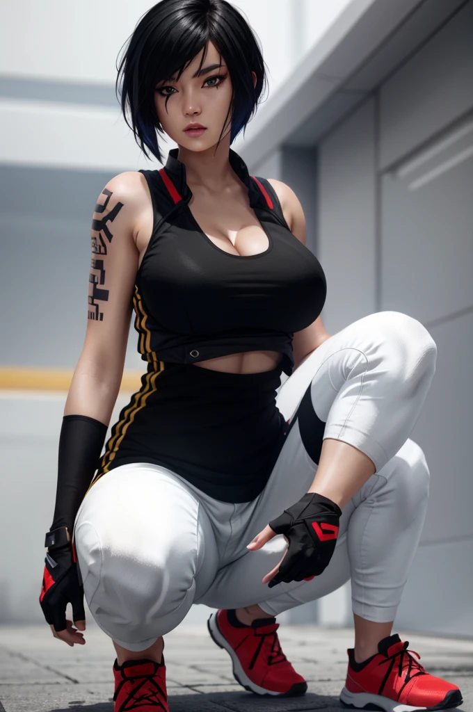 8k resolution, high res, absurd res, FaithMirror, 1girl, solo, gloves, tattoo, fingerless gloves, pants, realistic, one knee, black hair, shoes, sneakers, short hair, tank top, lips, red footwear, face tattoo, big boob, large breasts, exposed cleavage, thicc, wide hips, big eyes, tight clothes