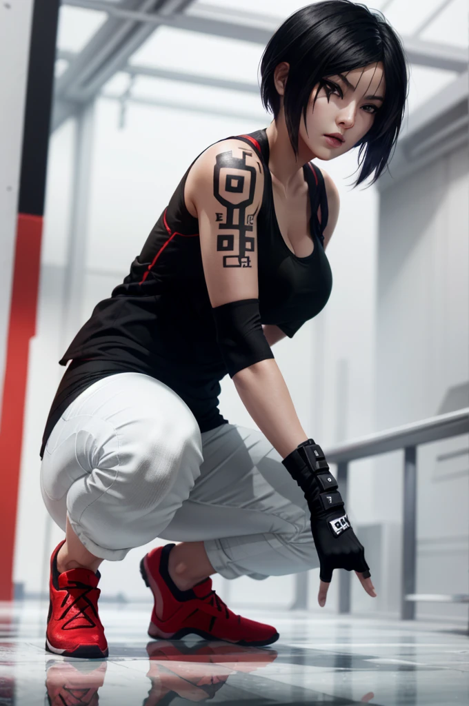 8k resolution, high res, absurd res, FaithMirror, 1girl, solo, gloves, tattoo, fingerless gloves, pants, realistic, one knee, black hair, shoes, sneakers, short hair, tank top, lips, red footwear, face tattoo, big boob, large breasts, exposed cleavage, thicc, wide hips, big eyes, tight clothes