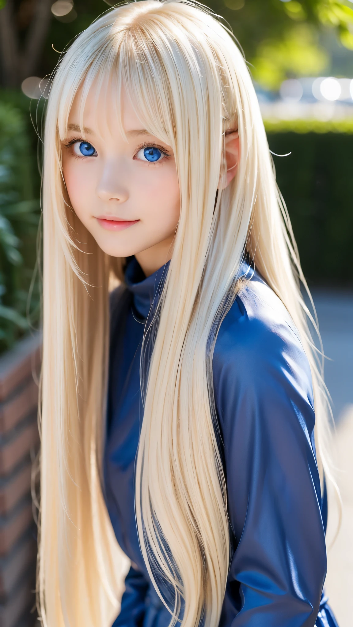 Shining, clear, white skin、Her windblown blonde hair hides her beautiful face、huge、28 years old cute sexy little beautiful face、Beautiful straight hair that stands out、growing up, Sparkling light blue eyes、long silky bangs that cover cute eyes, Sexy and cute young woman with super long hair hiding her sexy face、Super long, natural platinum blonde shiny hair
