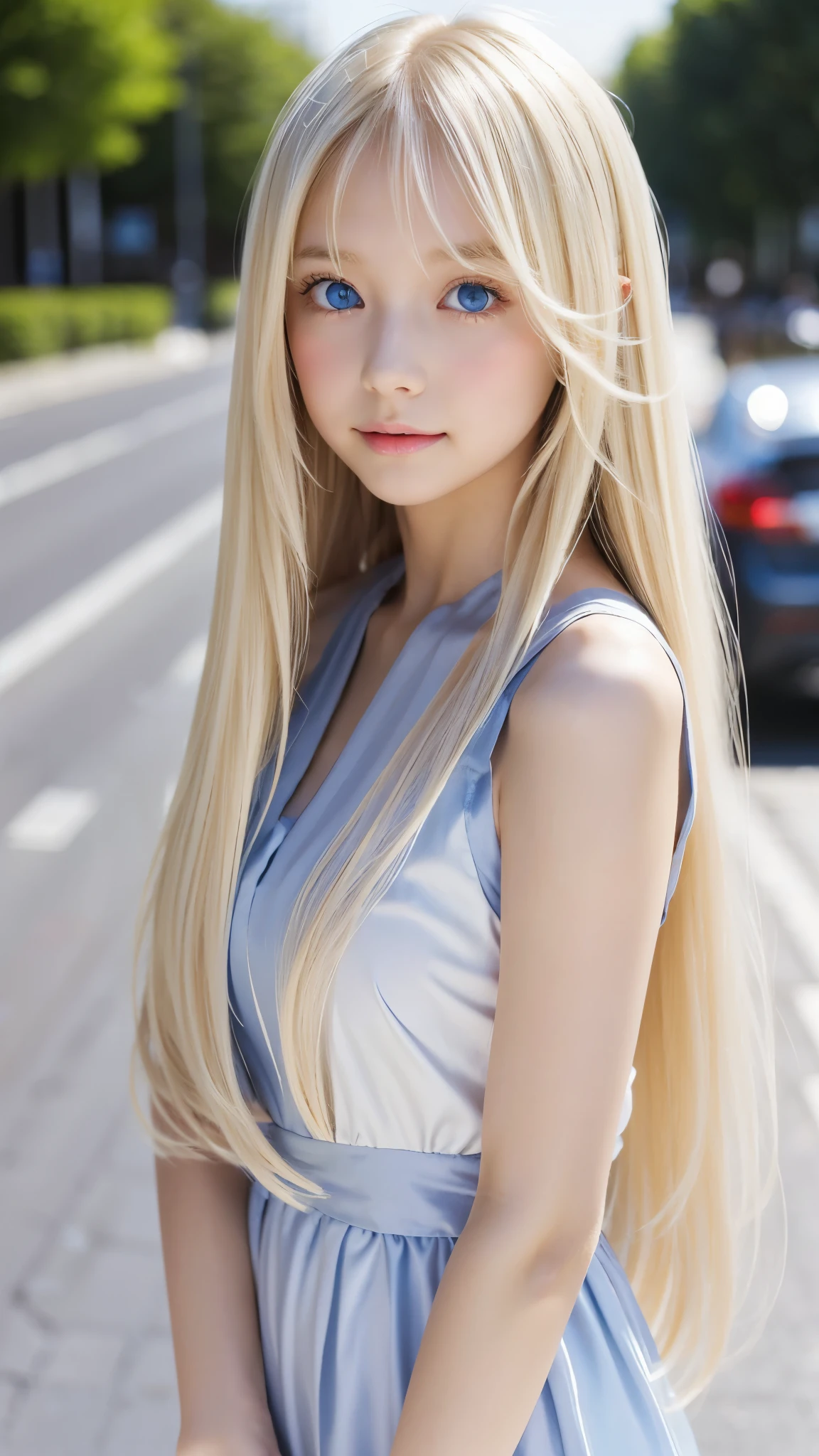 Shining, clear, white skin、Her windblown blonde hair hides her beautiful face、huge、28 years old cute sexy little beautiful face、Beautiful straight hair that stands out、growing up, Sparkling light blue eyes、long silky bangs that cover cute eyes, Sexy and cute young woman with super long hair hiding her sexy face、Super long, natural platinum blonde shiny hair