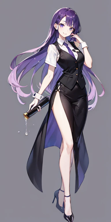 ((Perfect Face)),Purple Hair,voluminous long hair,1 female,bartender,Black vest,Y-shirt,tie,slit,High heels,,((Simple Background)),smile,((Full Body)),((full body)),Character portrait,VTuber,upright,,