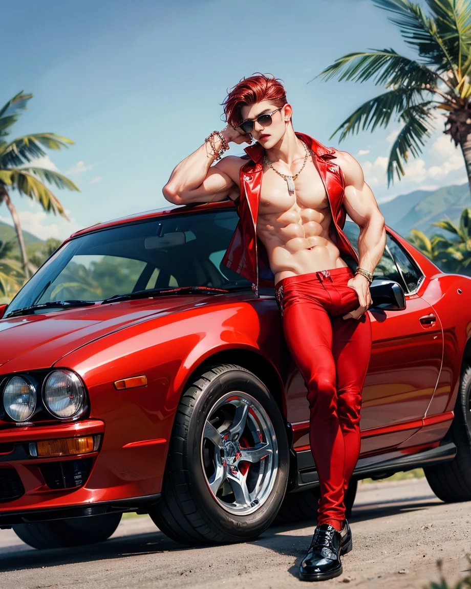 HD quality, high definition, male 20 years old handsome, muscular and slim, red lips, leaning against a sports car, naked (exposed vagina), model with bracelets, earrings and Necklace, wearing head band and sunglasses, open red vest, full sexy body, mouth open, eyebrowse angry, side view, wearing shoes, naked, exposed vagina