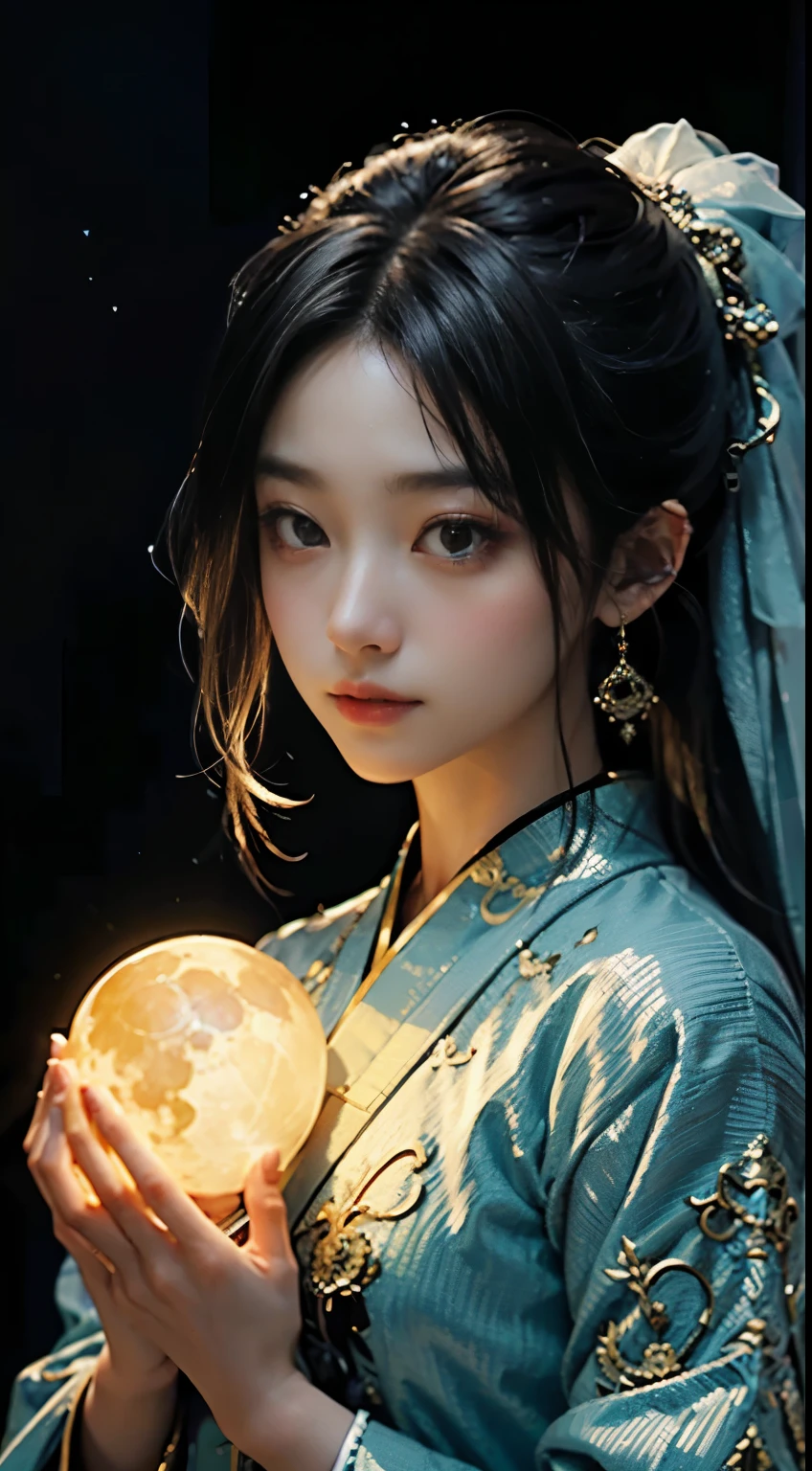 In the style of anime, A mysterious young woman holds a glowing moon, (((1 girl))), Cast a soft glow, ethereal glow upon her flawless features. The setting is a silent, moonlit forest and her attire is an ornate fusion of traditional Asian culture and futuristic fantasy. Every detail of her face and costume is presented in extreme close-ups，The level of detail is extraordinary. artist: Shin