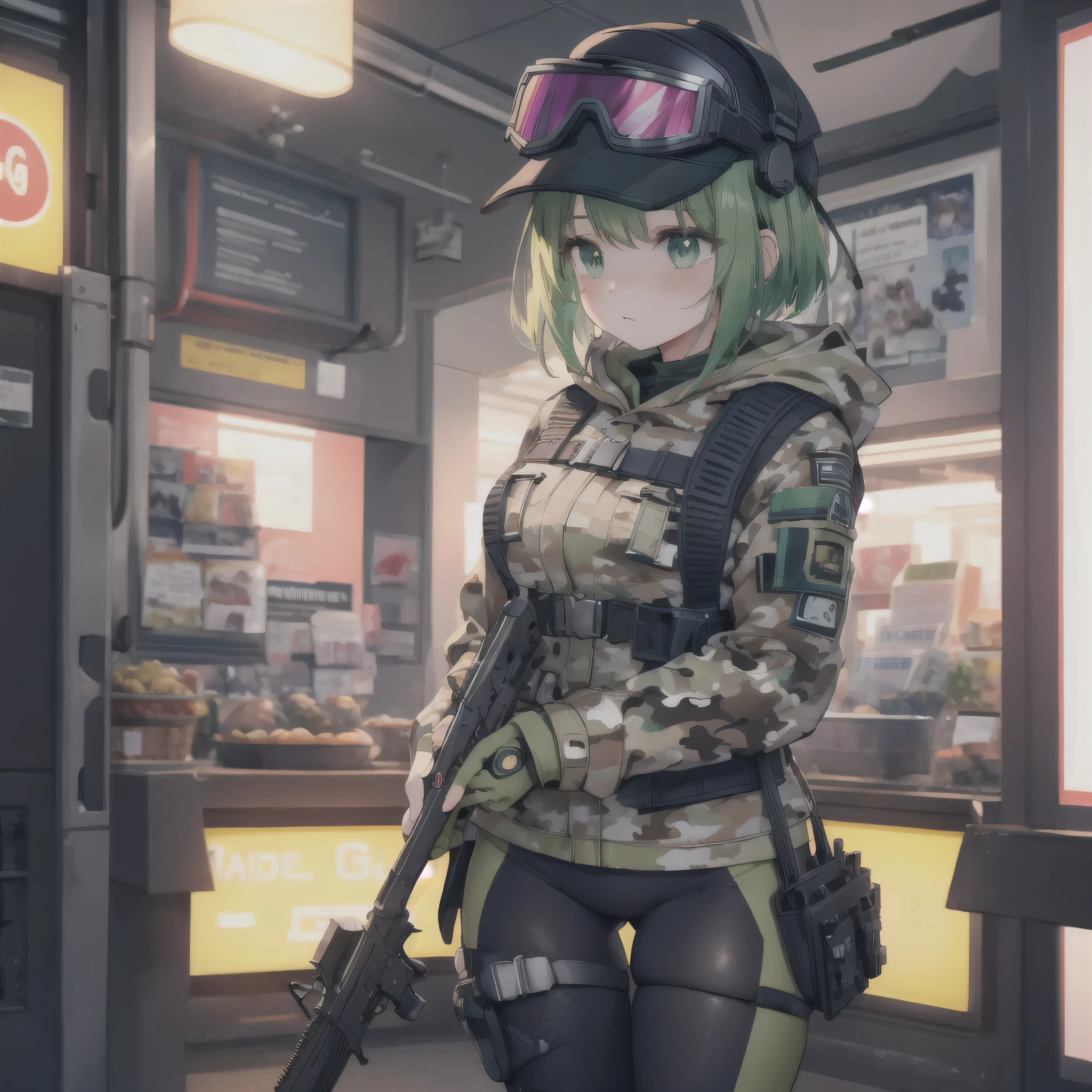 ((masterpiece)),(best quality),official art,extremely detailed CG,unity 8k wallpaper,ultra detailed,1girl,solo,ela, jacket, leggings, latex legwear, fingerless gloves, military uniform, camouflage, baseball cap, goggles on headwear,
1girl, solo, handgun, spotlight, looking down, determined, dramatic, 4k upscale,cute, really attractive, voluptuous