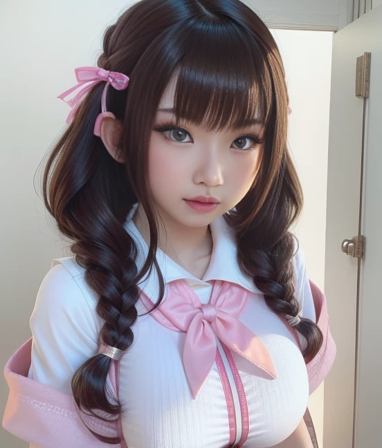 tmasterpiece,Ultra photo realsisim,hyper-detailing,ultra - detailed,1 Asian girl,Cute face,Delicate makeup(Heavy makeup), figure,Big breasts semi-leakage,Wearing sexy pink and white Japanese school wear and matching accessories,stocklings,Cute action,full body detailing,Full body photo,Dark colors,with black background,Wallpapers