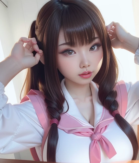 tmasterpiece,Ultra photo realsisim,hyper-detailing,ultra - detailed,1 Asian girl,Cute face,Delicate makeup(Heavy makeup), figure,Big breasts semi-leakage,Wearing sexy pink and white Japanese school wear and matching accessories,stocklings,Cute action,full body detailing,Full body photo,Dark colors,with black background,Wallpapers