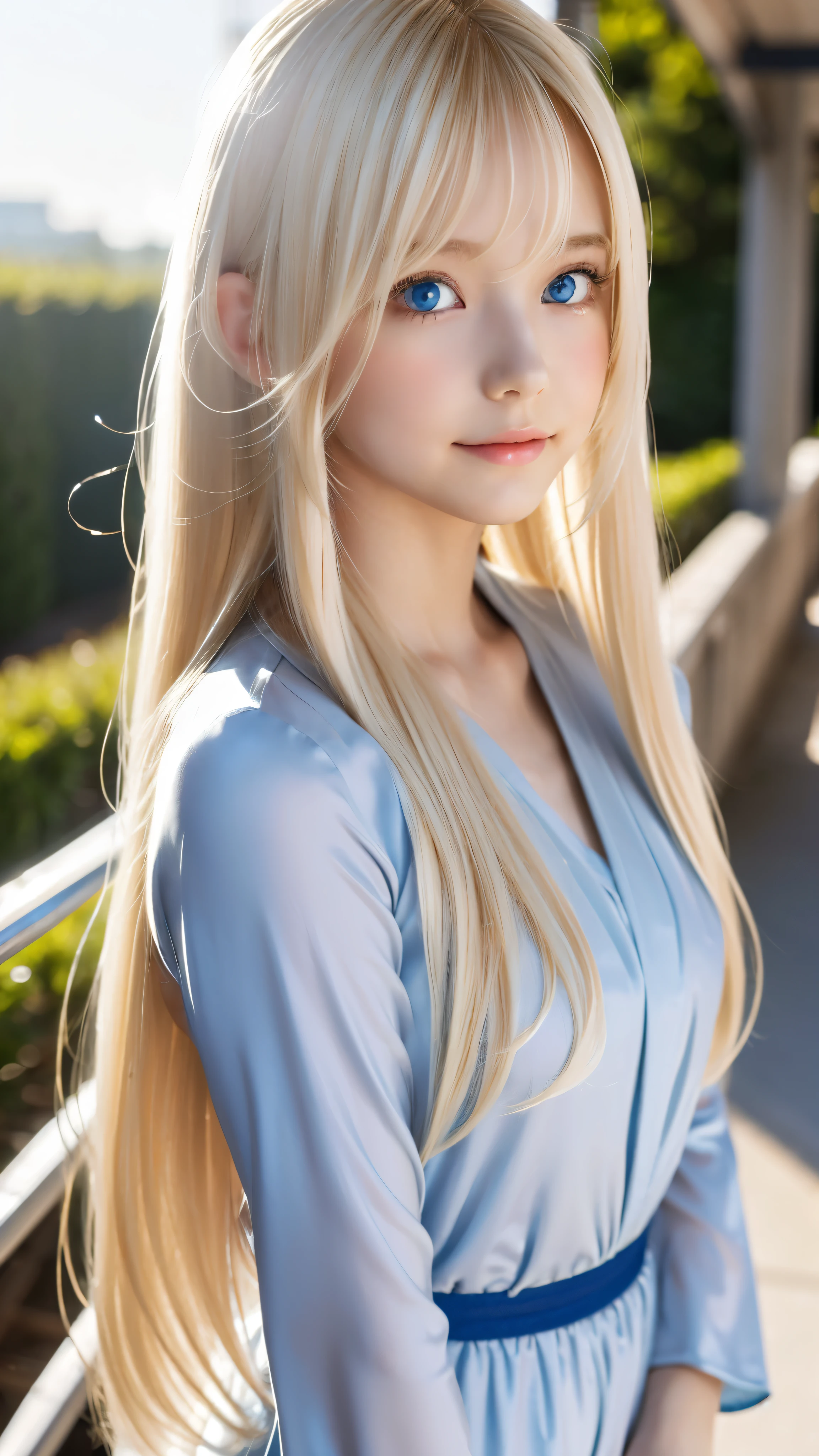 Shining, clear, white skin、Her windblown blonde hair hides her beautiful face、huge、28 years old cute sexy little beautiful face、Beautiful straight hair that stands out、growing up, Sparkling light blue eyes、long silky bangs that cover cute eyes, Sexy and cute young woman with super long hair hiding her sexy face、Super long, natural platinum blonde shiny hair
