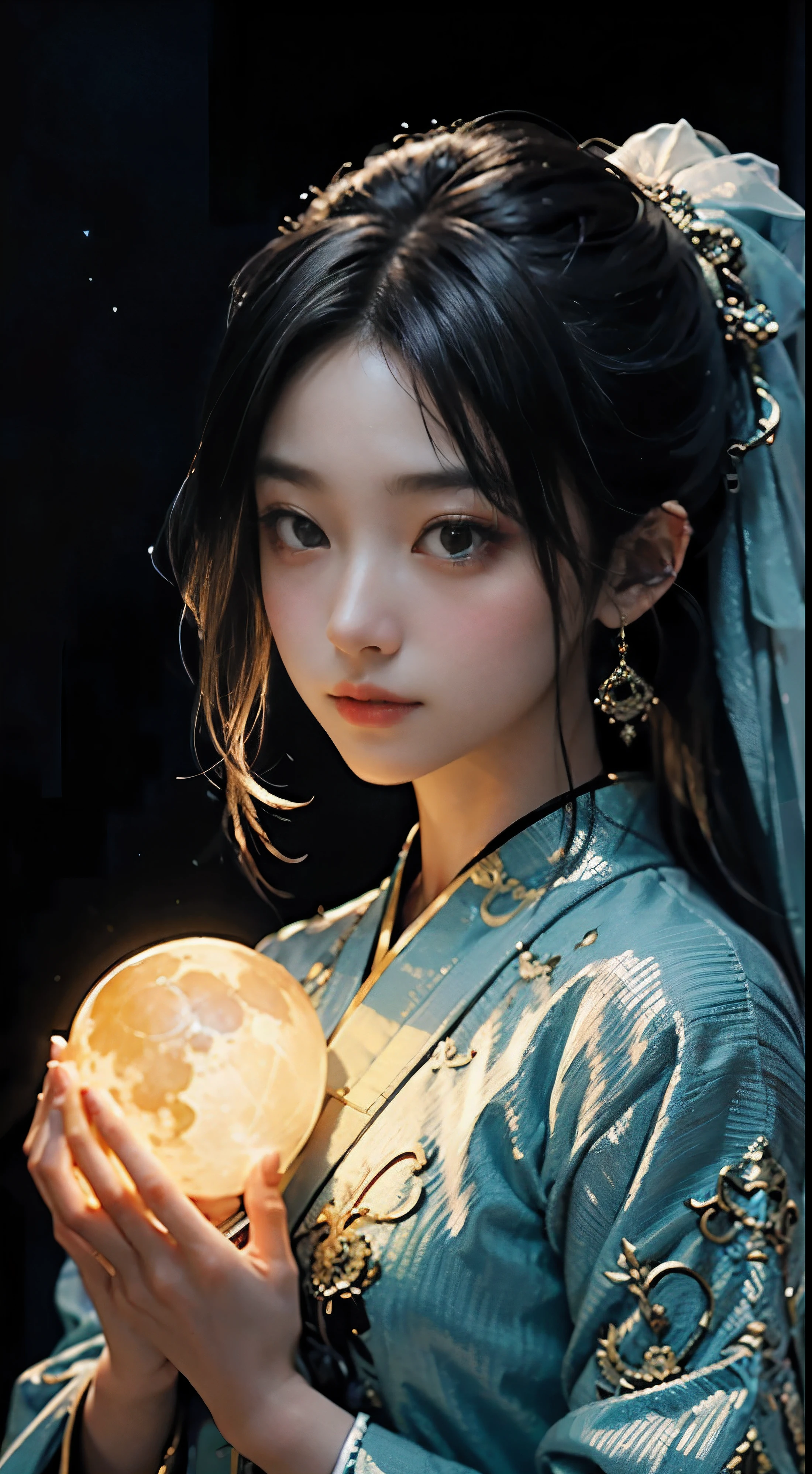 In the style of anime, A mysterious young woman holds a glowing moon, (((1 girl))), Cast a soft glow, ethereal glow upon her flawless features. The setting is a silent, moonlit forest and her attire is an ornate fusion of traditional Asian culture and futuristic fantasy. Every detail of her face and costume is presented in extreme close-ups，The level of detail is extraordinary. artist: Shin