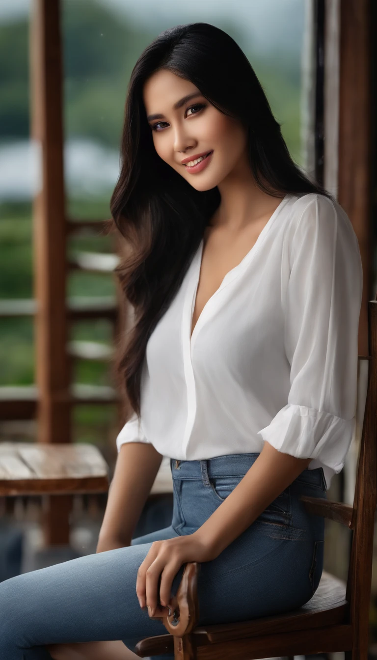 Photo of Indonesian woman, photorealistic, high quality, beautiful face, black hair, long straight hair, ultra contrast, smooth white skin, wearing a thin white t-shirt, short jeans, the most beautiful girl, downcast eyes, black smokey eye shadow, full body, very realistic. Sitting on a wooden chair and smiling sweetly, voluptuous lips, big breasts, heavy rain, on the highway