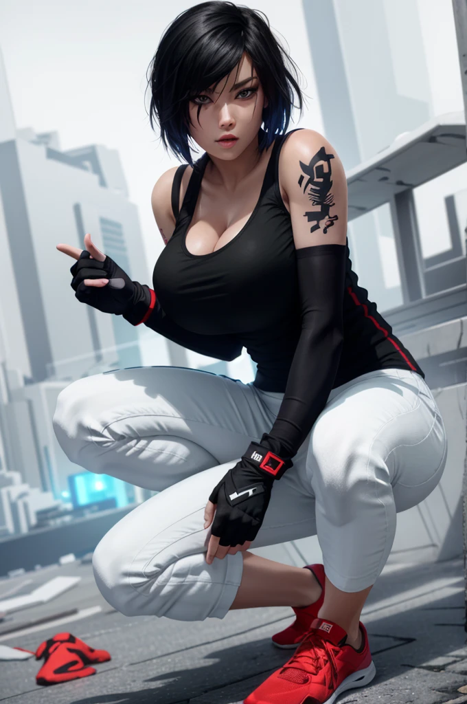 8k resolution, high res, absurd res, FaithMirror, 1girl, solo, gloves, tattoo, fingerless gloves, pants, realistic, one knee, black hair, shoes, sneakers, short hair, tank top, lips, red footwear, face tattoo, big boob, large breasts, exposed cleavage, thicc, wide hips, big eyes, tight clothes