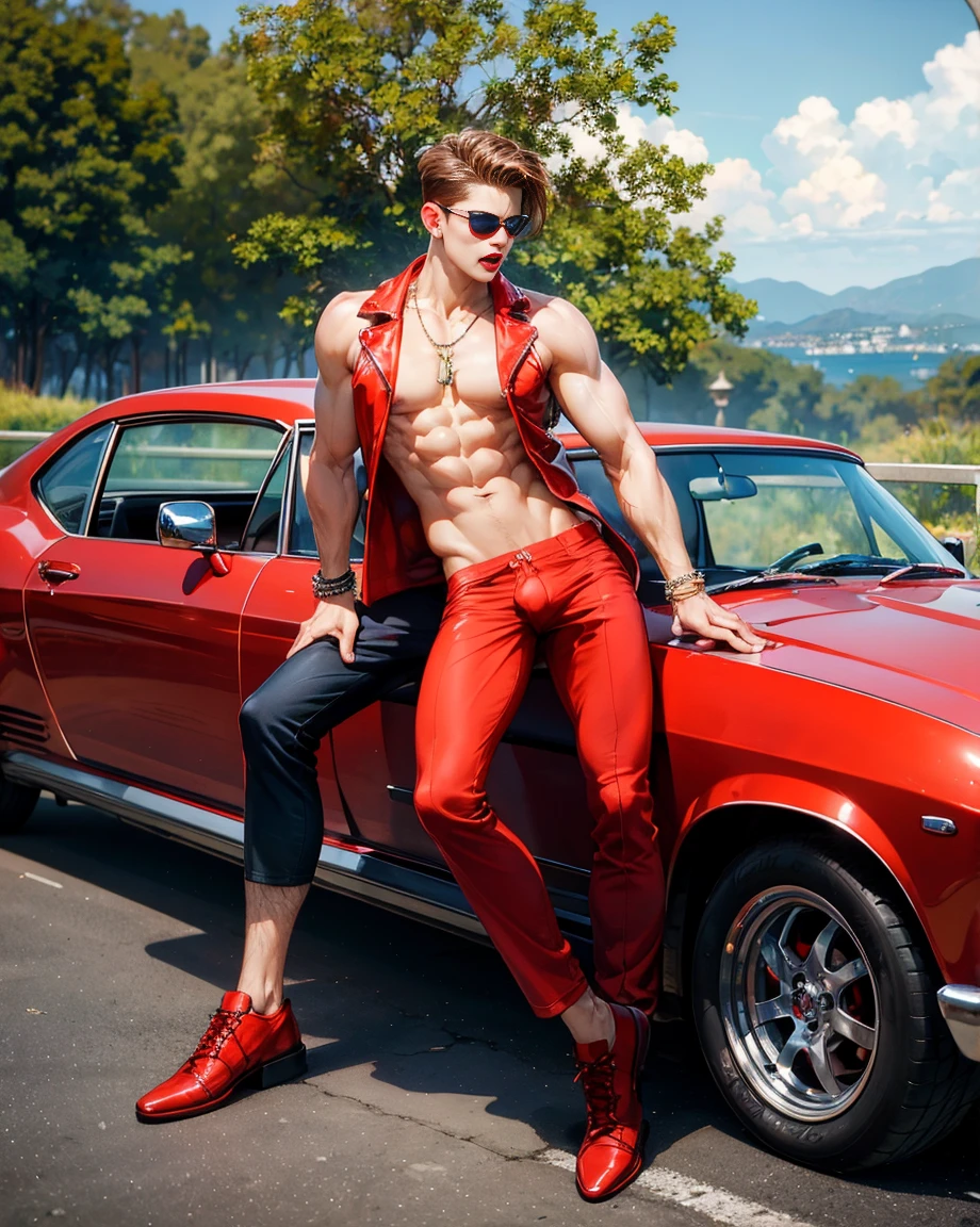 HD quality, high definition, male 18 years old handsome, muscular and slim, red lips, leaning against a red sports car, naked exposed crotch penis, model with bracelets, earrings and Necklace, wearing head band and sunglasses, open red vest, full nude body, mouth open, eyebrowse angry, side view, wearing shoes