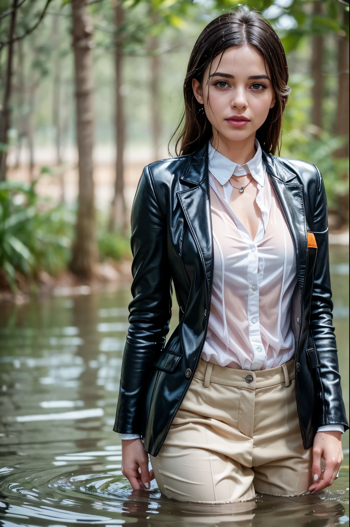 woman in a business suit is standing in the lagoon, dark woollen suit, white blouse, loose tie, dark woollen jacket, waistcoat, closeup fantasy with water magic, beautiful maiden, tight clothing, wet clothing, realistic oil painting, bright sunshine, dripping wet, in water up to her shoulders, beautiful realistic painting, hyperrealist portrait in a river, fully clothed, cute shot, narrow depth of field, 8k, drenched, ((soaked)), dripping water, dripping oil, heavy clothes, soaked in oil, wet all over, rouge lipstick, wet dripping hair, faint smile