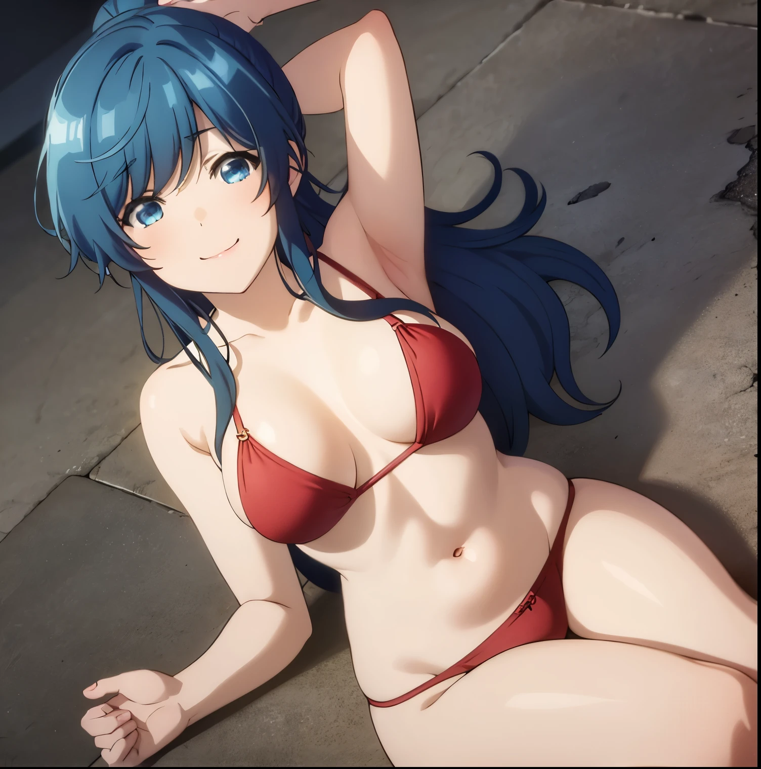 1girl,alone,minami,nanami,best quality,(Masterpiece:1.2),detailed,smile,mouth closed, blue hair, blue eyes, long hair, ponytail, red bikini, red bra, red thong, big breasts, medium waist, wide hips, medium thighs, beach, sea, sunny, good lighting, lying on the sand, seductive, smiling, mouth closed, looking at viewer, pov (from above), good lighting, perfect anatomy, perfect hands,