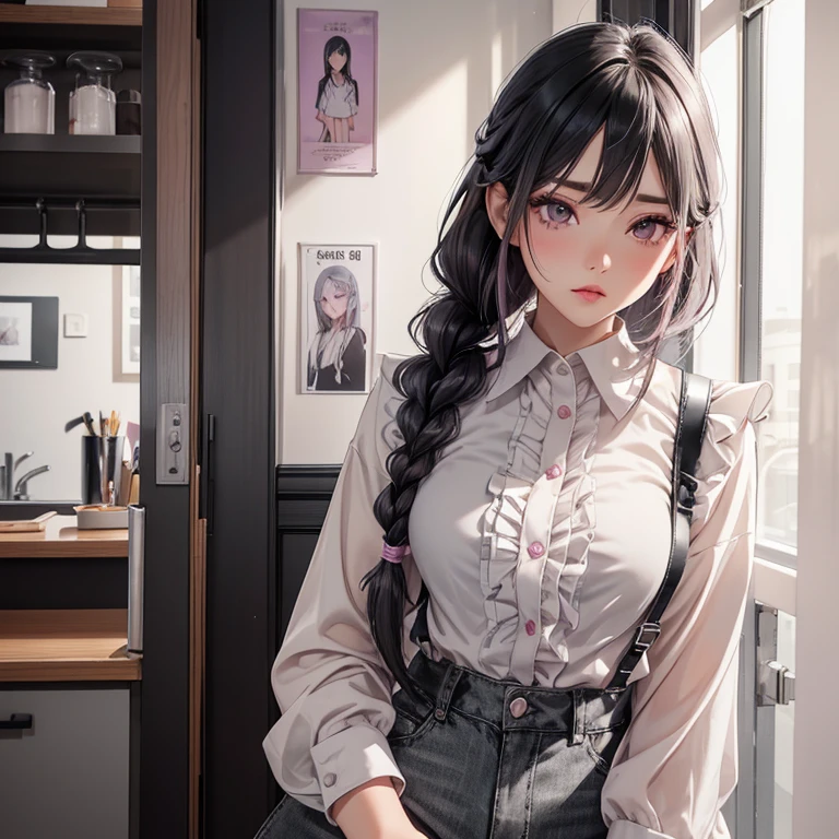 Female, Long ash grey gradient black ends hair, Ash violet siren eyes, not too light skin color, Long ash grey lashes, Rosy cheeks, Pinkish lips, a braid on the left side of the face, White button up shirt with ruffled collar tucked in with black high waisted leather shorts