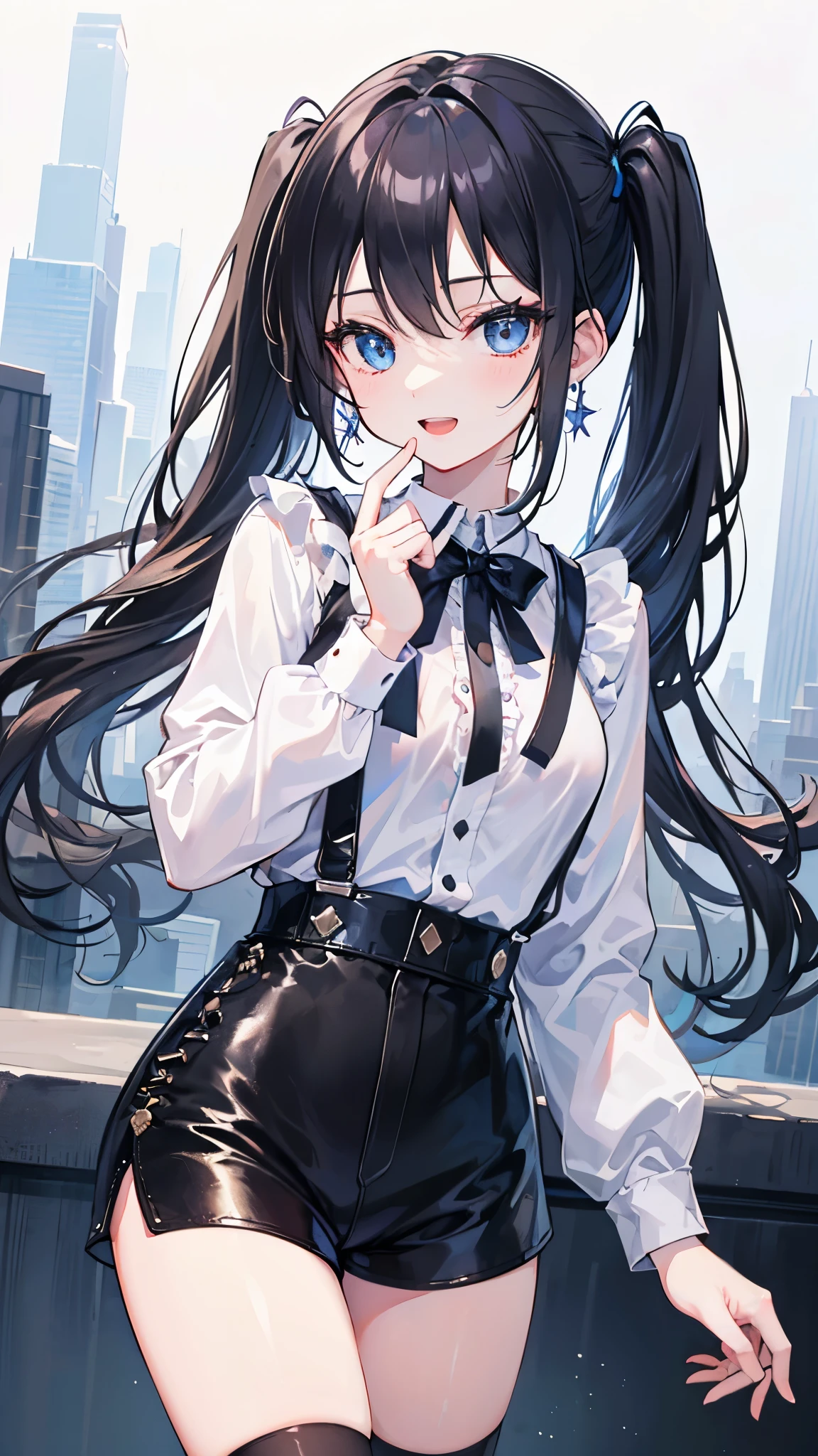 (masterpiece、highest quality、Super detailed)、One girl、Black Hair、twintails、Blue eyes、evil smile、((Open your mouth))、tooth、Earrings、Small breasts、((White shirt))、Long sleeve、Frills、((black leather short shorts))、suspenders、((black kneehighs))、Cowboy Shot、City Background