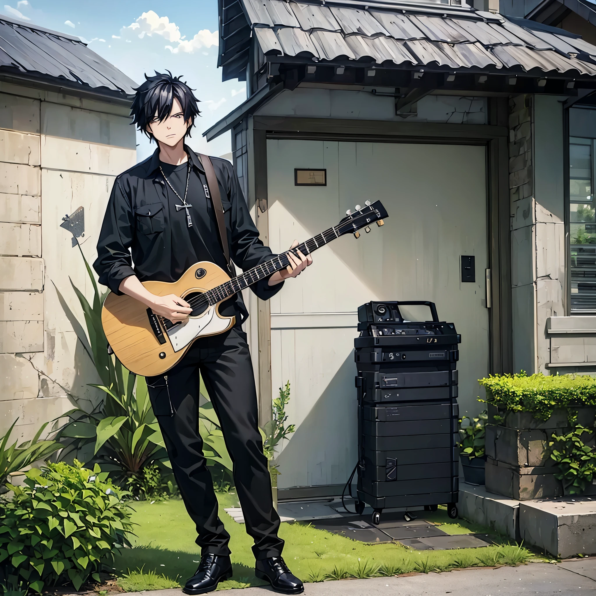 a man with black hair, on the porch of a modern house, wearing casual clothes, moss green military pants, black shirt, black hair, silver eyes, playing the guitar, daytime sky, serious face, HDR, ultra resolution, well defined, artwork press, 8K HD. (alone man)