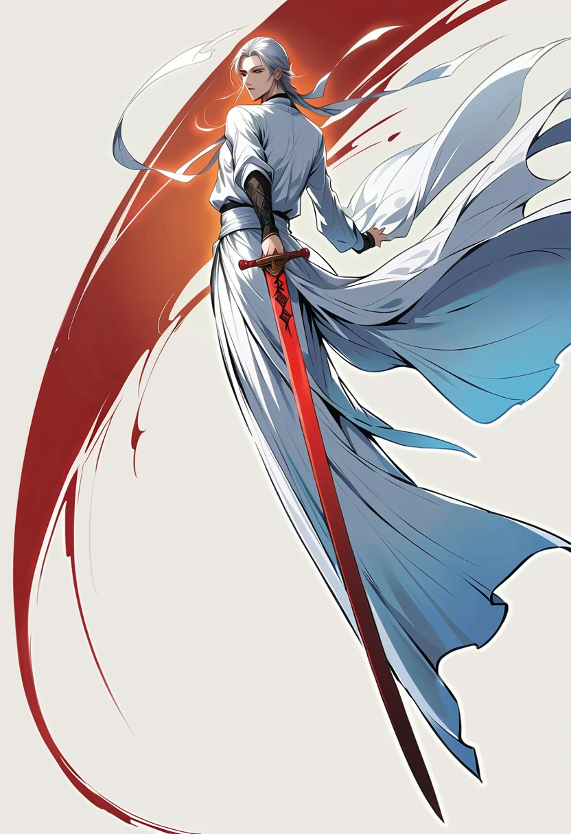 Chinese swordsman,Simple lines,Minimalism,Abstract Art,Holding a red long sword,
