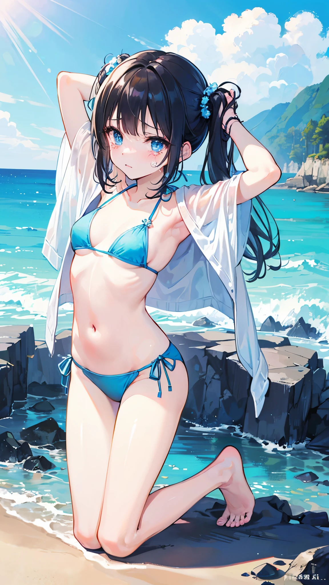 (masterpiece、highest quality、Super detailed)、One girl、Black Hair、twintails、Blue eyes、blush、((tears))、Small breasts、((light blue bikini))、((Kneeling))、Fold your arms behind your head、Seaside Background