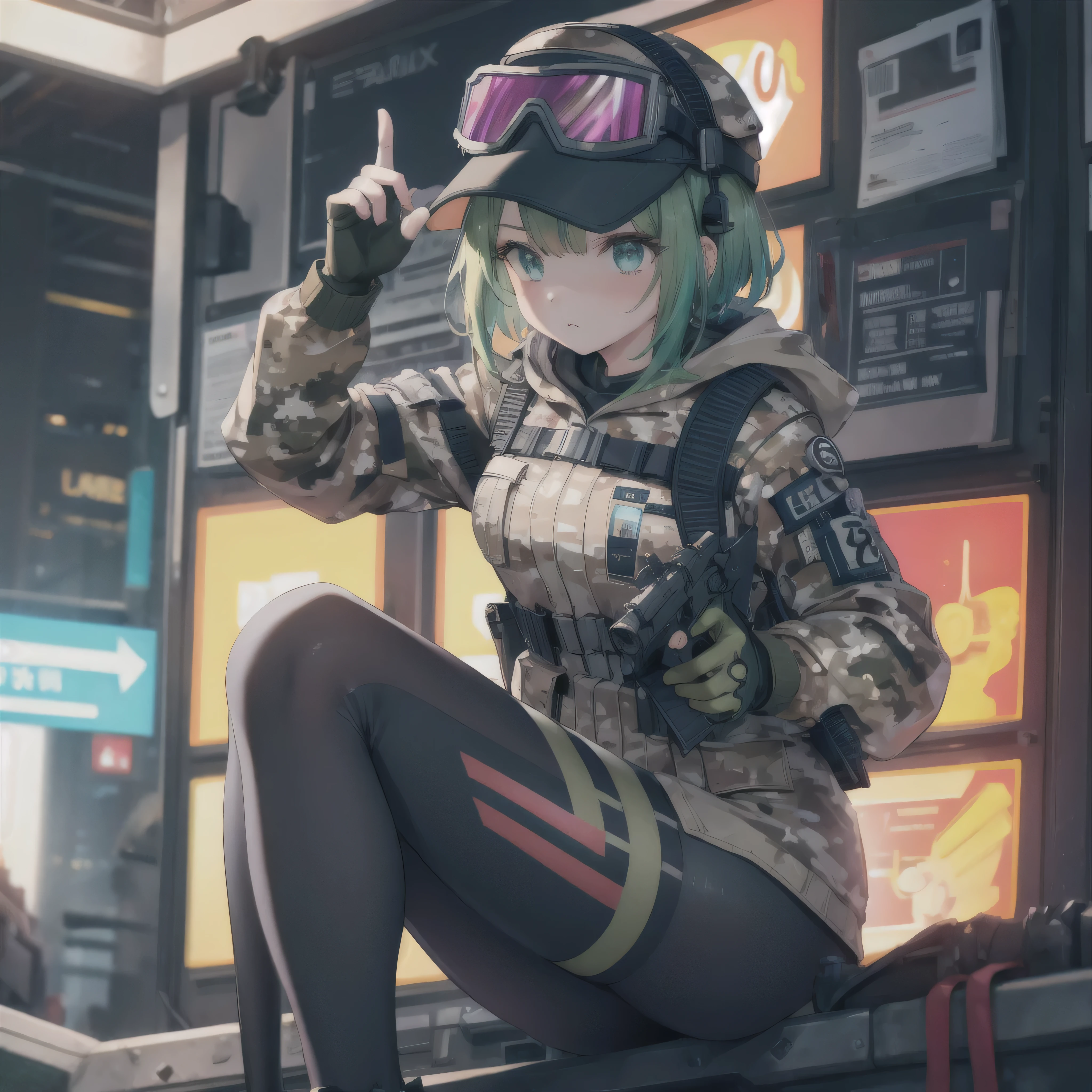 ((masterpiece)),(best quality),official art,extremely detailed CG,unity 8k wallpaper,ultra detailed,1girl,solo,ela, jacket, leggings, latex legwear, fingerless gloves, military uniform, camouflage, baseball cap, goggles on headwear,
1girl, solo, handgun, spotlight, looking down, determined, dramatic, 4k upscale,cute, really attractive, juicy thighs