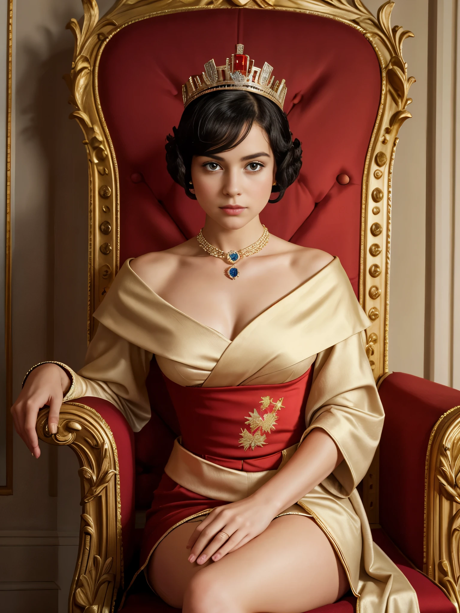 Masterpice, high quality, 8k quality, 1 lady, young Queen Elizabeth 2, Queen of United Kingdom, wearing royal uniform with her crown of Dimond sitting on royal throne, cloth cover all her body included her legs,the royal uniform cover all body including her legs, beautiful face, short black hair, the best photo for the queen of United Kingdom, the best look for Queen in her young age (30 years), Beckenham Place as background and United Kingdom flag, realistic hands