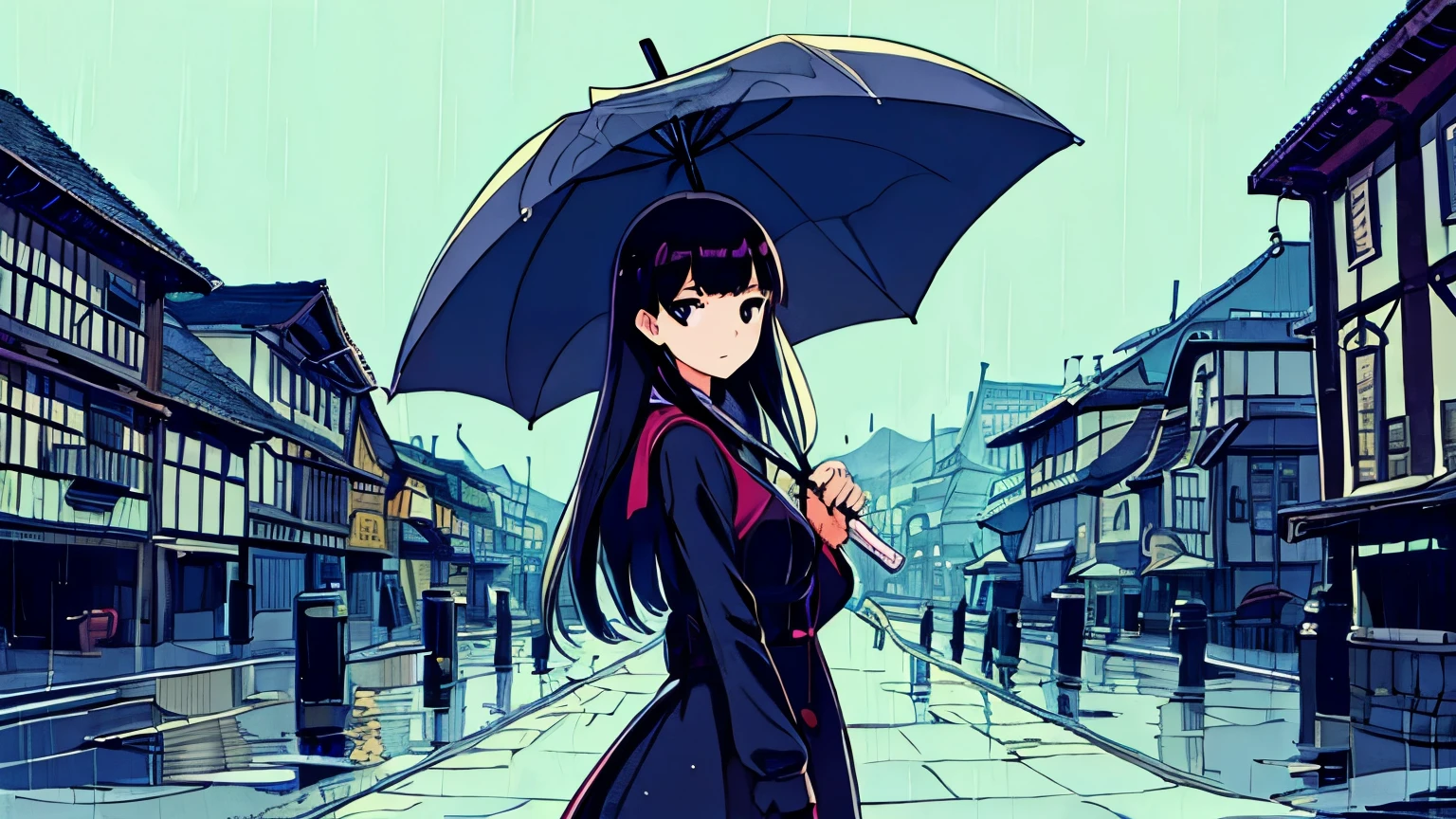 (Highest Resolution, clear_image), highest quality, umbrella, Town,heroine,rain,Black Hair