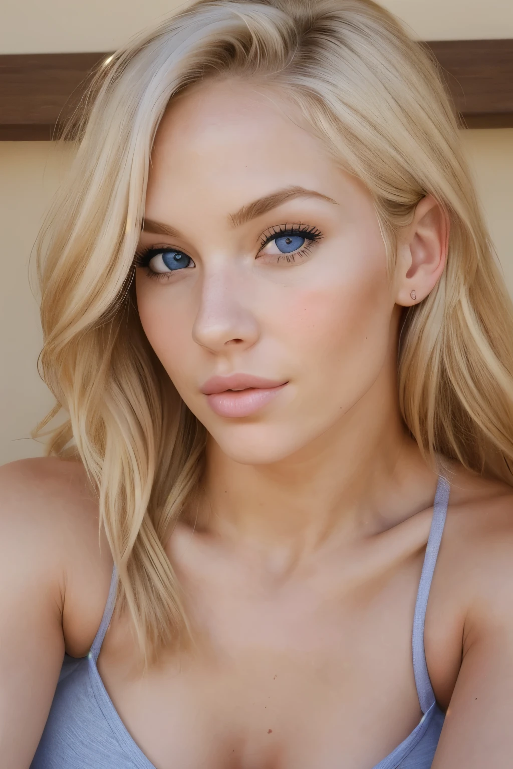 Profile photo. body of an athletic pretty sweet girl 28 years old, blonde (looks shy and relaxed: 1.3), detailed realistic face, beautiful cheekbones, ultra detailed skin, large blue-gray eyes, . sensual lips in anatomical shape, seductive