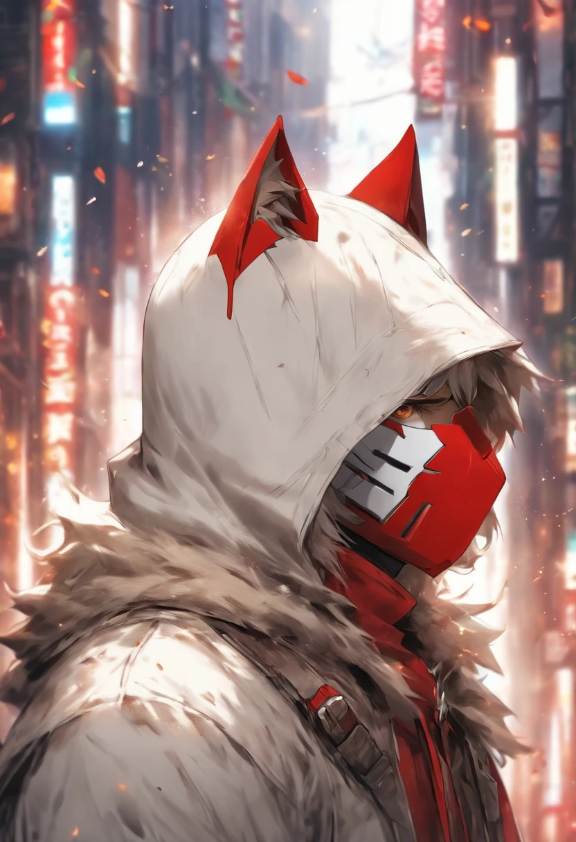 Stable Diffusion prompt: (highres,masterpiece:1.2),ultra-detailed,(realistic,photorealistic,photo-realistic:1.37),hooded man in white and red,detailed background,distressed clothing,white cat mask,robotic cat ears,superhero style