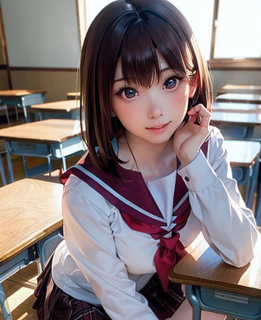 There is a woman sitting on a chair in the classroom., In the classroom, sitting in classroom, 超Realisticな女子高生, japanese , Japanese High School, Japanese girls uniform, 超Realisticな女子高生, Strike a Pose, Acquiring Japanese , Cute school girl, The entire subject is visible, student, Realistic , 学校のIn the classroom