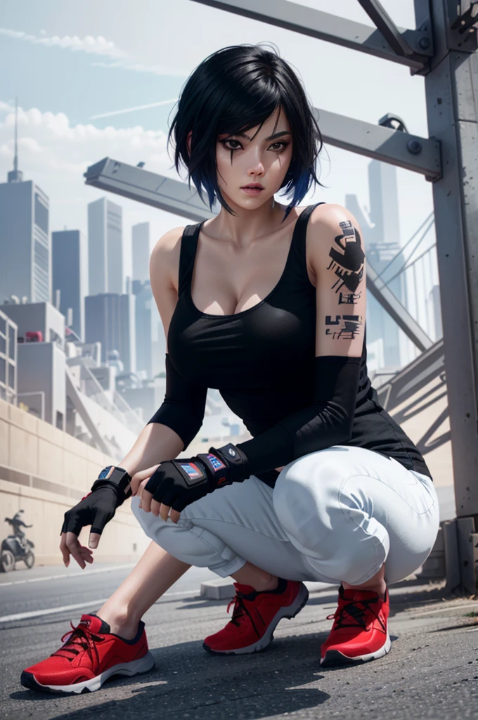 8k resolution, high res, absurd res, FaithMirror, 1girl, solo, gloves, tattoo, fingerless gloves, pants, realistic, one knee, black hair, shoes, sneakers, short hair, tank top, lips, red footwear, face tattoo, big boob, large breasts, exposed cleavage, thicc, wide hips, big eyes, tight clothes, extra pairs of , extra arms, extra legs, more vaginas, more dicks, more appendages, more limbs, more , more legs, more arms