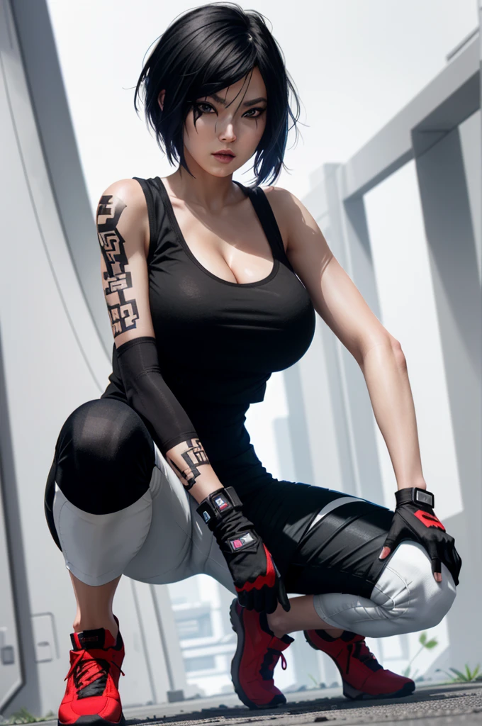 8k resolution, high res, absurd res, FaithMirror, 1girl, solo, gloves, tattoo, fingerless gloves, pants, realistic, one knee, black hair, shoes, sneakers, short hair, tank top, lips, red footwear, face tattoo, big boob, large breasts, exposed cleavage, thicc, wide hips, big eyes, tight clothes, extra pairs of , extra arms, extra legs, more vaginas, more dicks, more appendages, more limbs, more , more legs, more arms