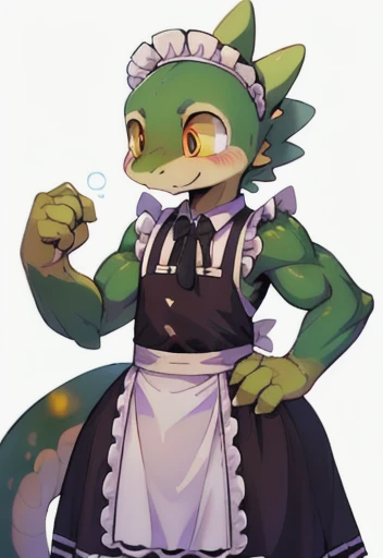  ((Better quality ,Work of art)) , Cocodile Male gay , wearing maid dress , Green body , small muscular Male  , huge hips , yellow pupils 