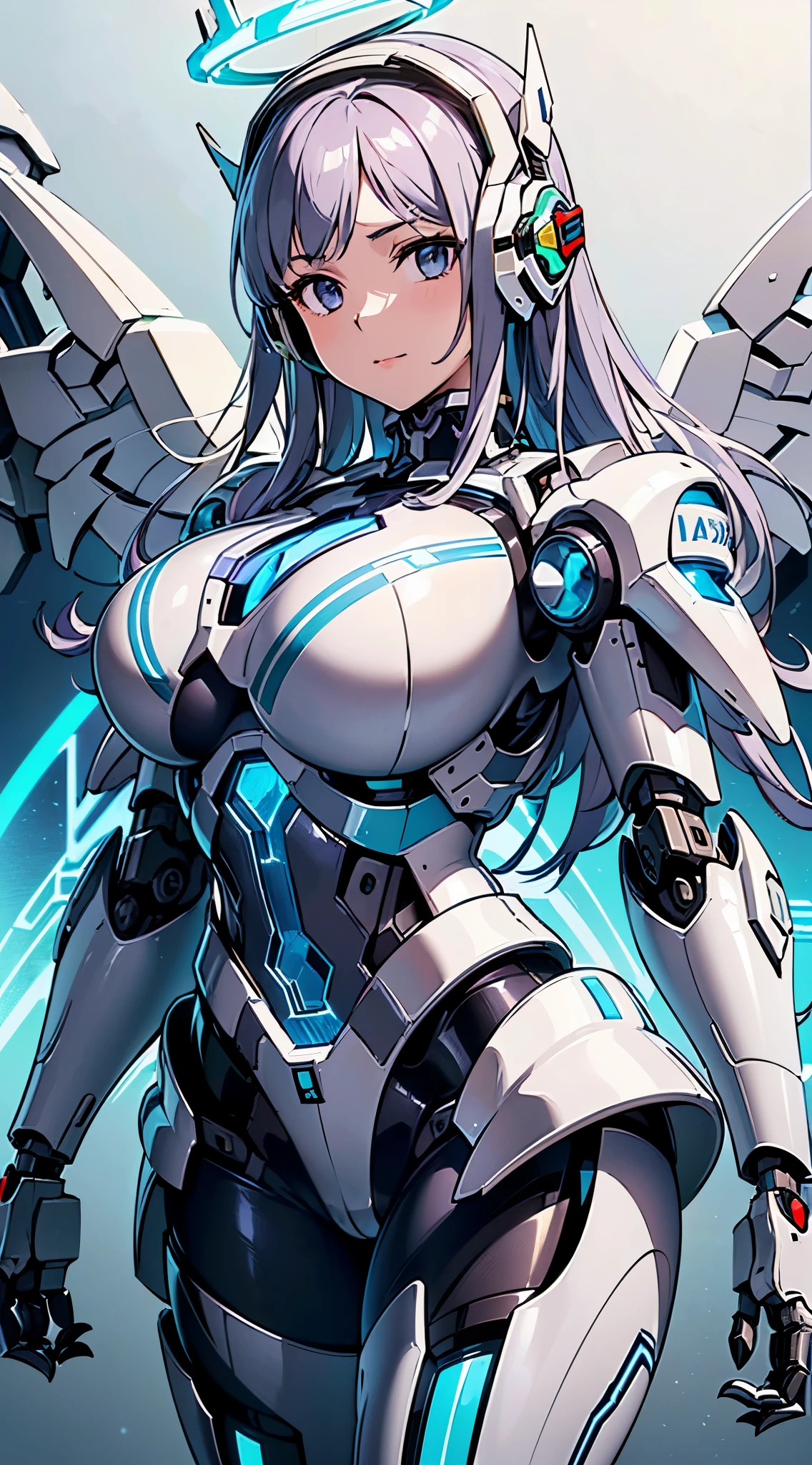 ((Lenses shining on both breasts:1.3))、((A blue pillar of light shines from both of his chests.:1.3))、(Dynamic pose:1.6)、smile、((8k)), ((32k)), ((highest quality)), ((masterpiece)), ((超A high resolution)), ((Tmasterpiece)), ((halo:1.4))、((Mechaニカルheadgear:1.2))、((Cyber Headphones:1.3))Fine skin, High quality fabric, Fine metal texture、((Beautiful and dense face))、RAW Photos、Professional, Ultra-fine painting, ((alone)), Beautiful breasts、highest quality, Very detailed, Very detailed詳細, Finer details, so beautiful, ((Princess Knight Robot:1.2)),  (Joint of the machine, Mechanical Limbs:1.3), (The internal structure of the machine is exposed:1.3), (Long silver hair:1.1), (Beautiful and huge mechanical breasts)、White Veil, cowboy_shot, Side Focus, headgear, Shiny、(Five Fingers, Four fingers and thumb),Concept Art, Anime fantasy artwork, Detailed fantasy art, (with pale blue-violet hair and large white wings,,,,,,), (((Long silver hair))), (Mecha:1.6)、Sleek and intimidating design, ((Commander in Chief&#39;s Arms)), (Perfect robot body)、Pure white and blue-purple 腕or, symmetrical wings, 8k high quality detailed art, 3D rendering of character art in 8K, neat legs, Defined, Defined fingers,((headshot:1.3))