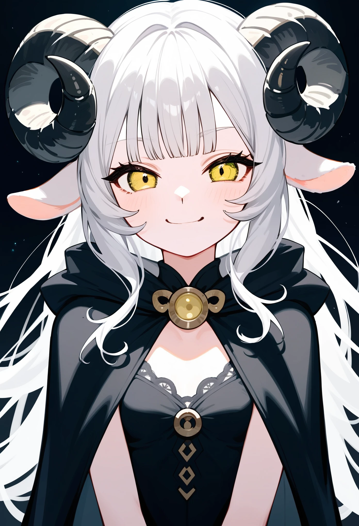 (score_9, score_8_up, score_7_up), 1girl, solo, (sheep horns, curled horns, black horns), (white sheep ears), white hair, long hair, hime cut, long bangs, yellow eyes, evil smile, smug, :>, small breasts, standing, (hooded cultist cloak, old fashioned), (white background, simple background), upper body, highres, detailed, best quality, masterpiece,