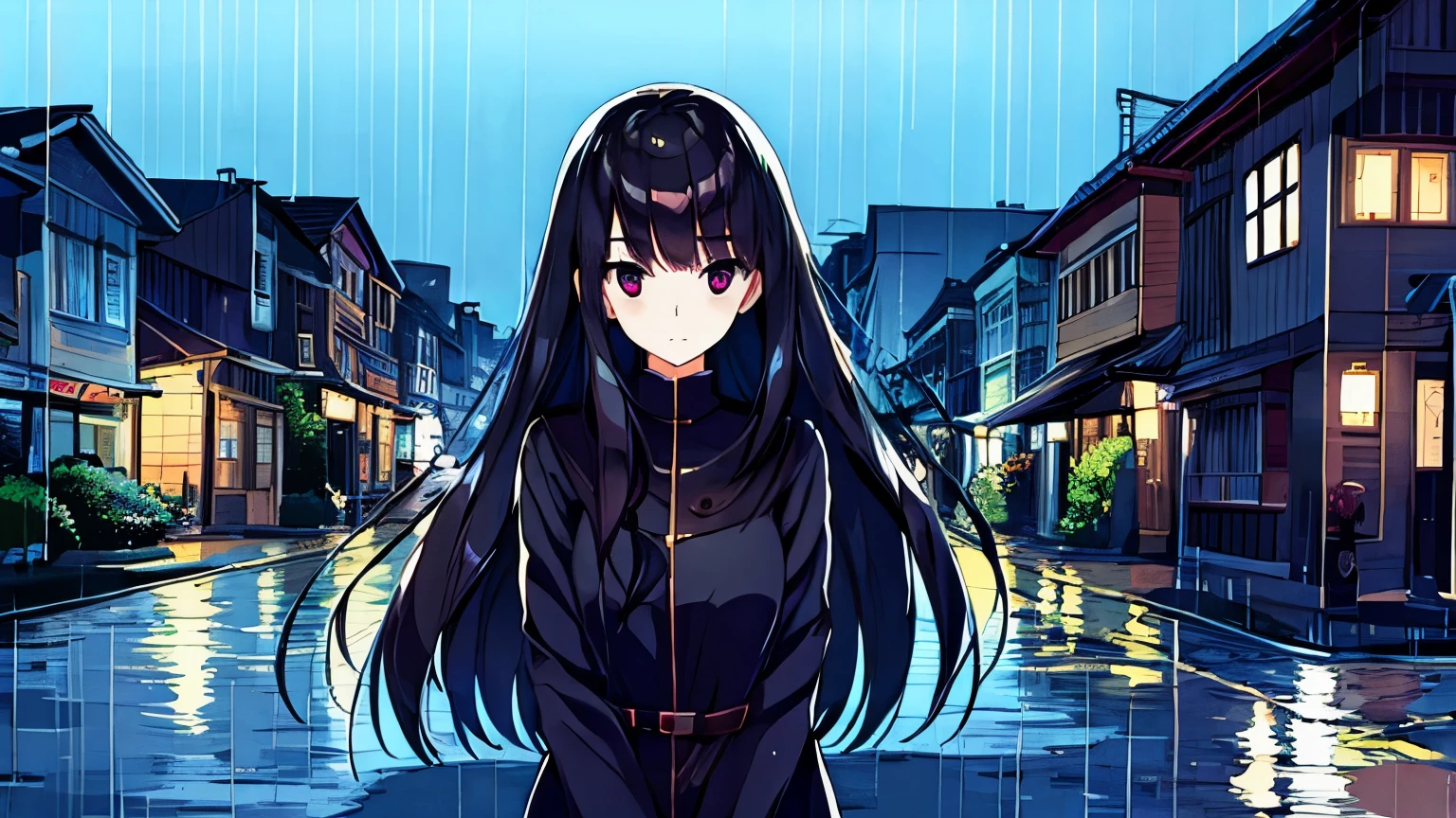 (Highest Resolution, clear_image), highest quality, umbrella, Town,heroine,rain,Black Hair