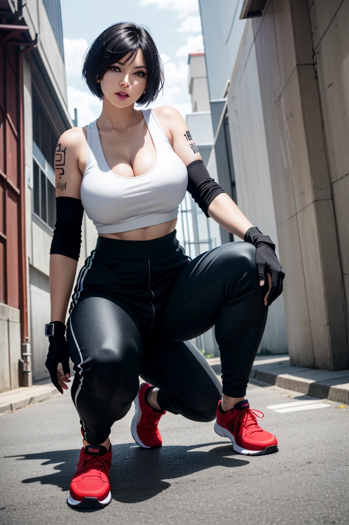 8k resolution, high res, absurd res, FaithMirror, 1girl, solo, gloves, tattoo, fingerless gloves, pants, realistic, one knee, black hair, shoes, sneakers, short hair, tank top, lips, red footwear, face tattoo, big boob, large breasts, exposed cleavage, thicc, wide hips, big eyes, tight clothes, extra pairs of , extra arms, extra legs, more vaginas, more dicks, more appendages, more limbs, more , more legs, more arms