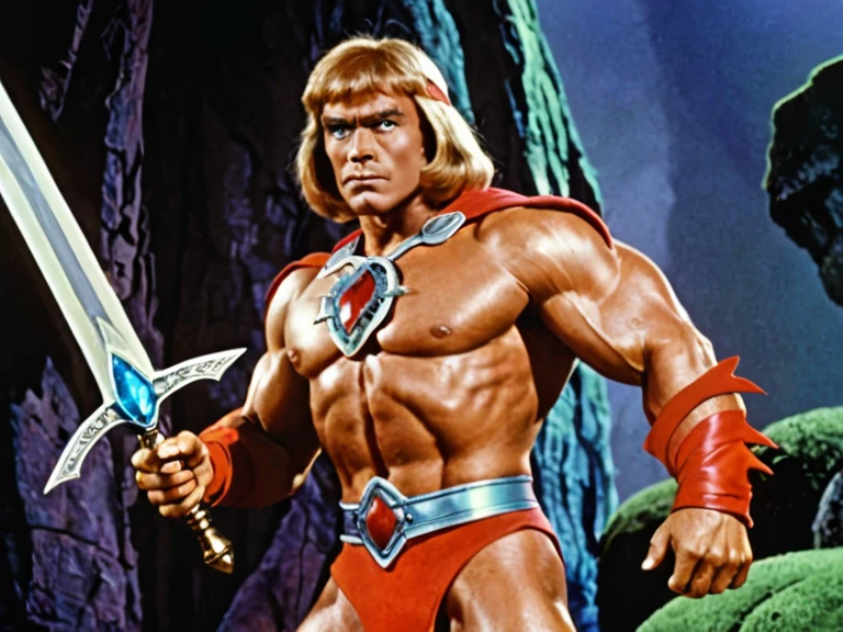 Technicolor 1940s film still of He-Man from The Masters of the Universe, movie still