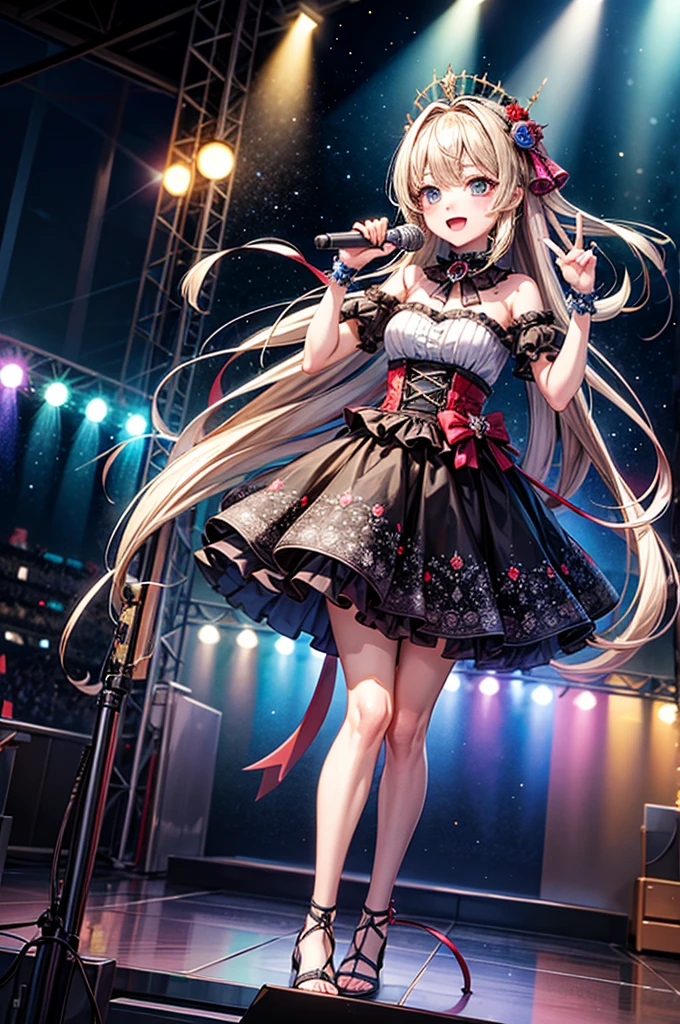 (Masterpiece:1.2, high quality), (pixiv:1.4),Volumetric Lighting, backlight, night,idol singer, long skirt, on the stage, microphone