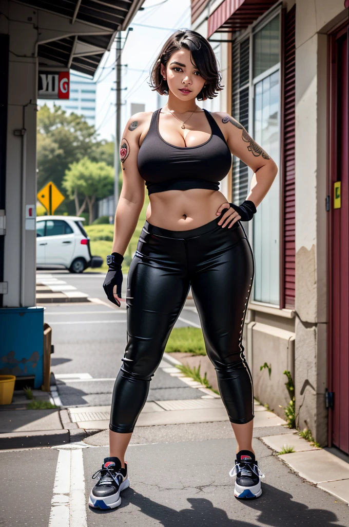 Pale-skinned woman, Long black hair with bangs, thin waist, thick thighs, big breasts, six pack abs, toned legs, biceped,  t-shirt, Black pants, Black combat boots, Goth makeup, black eyeliner, woman, attractive body, hot body, thick thighs, very thin waist, six pack abs, thick lips