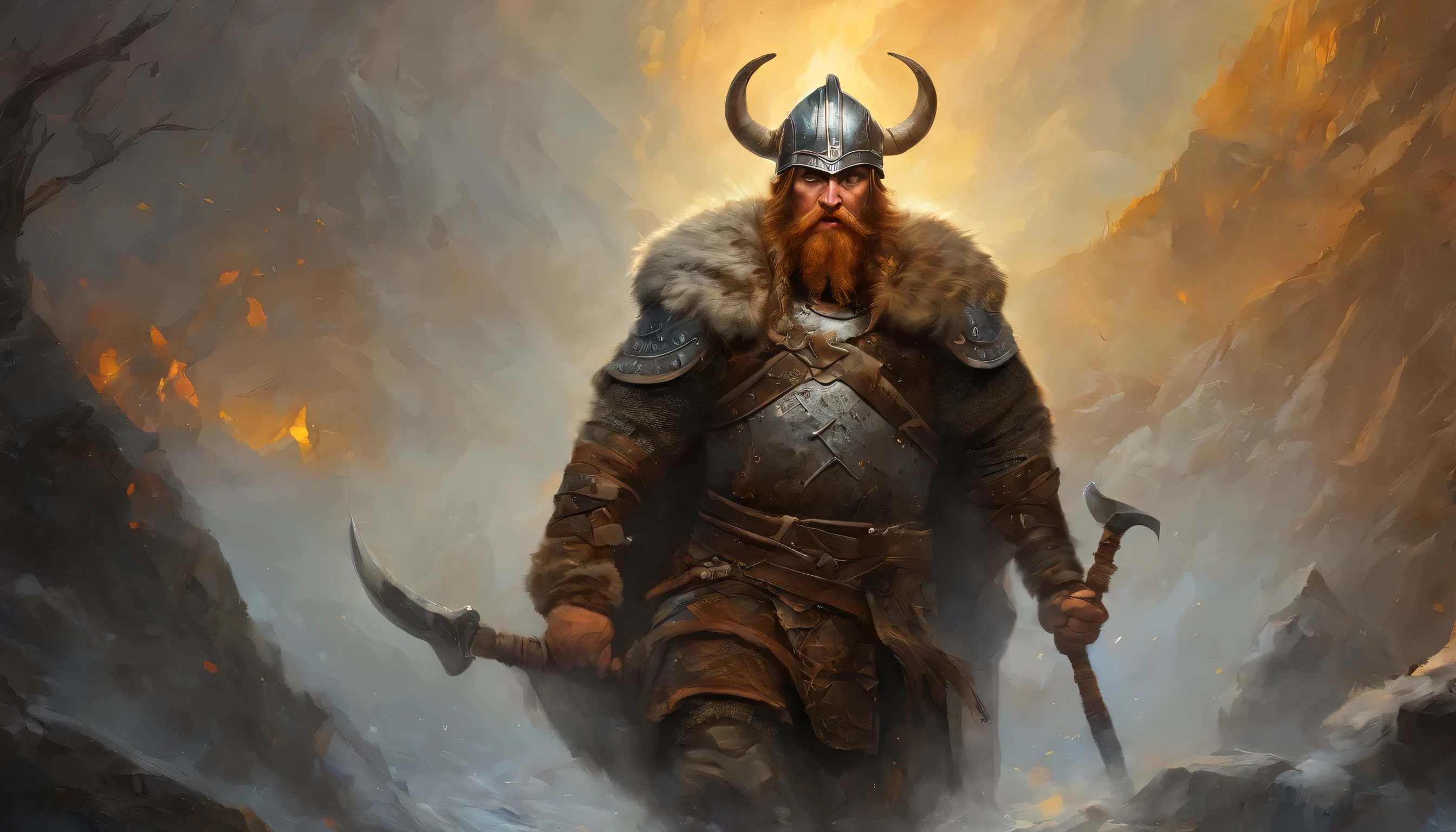 A Viking warrior dressed in heavy Viking armor and wielding a formidable weapon, showing her warrior spirit. Make sure that the backdrop reflects the rugged beauty of a Viking landscape, bright eyes outstretched, Biomechanics, strange, scary, Nightmare, very fun cores, light particles, with bright light, Mshiff, Wallpaper Art, Wallpaper UHD wall