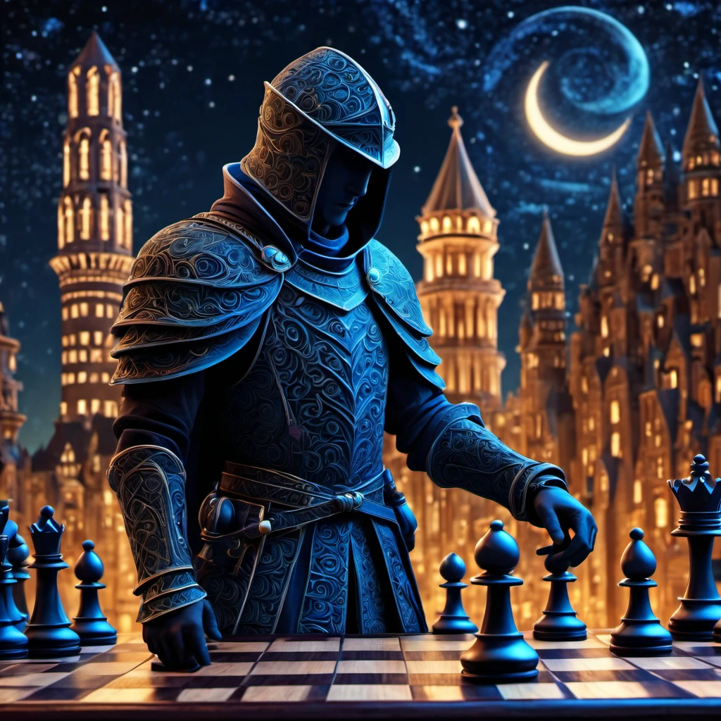 (best quality, highres, ultra sharp), magical chess Swordsman Standing , about the curvature of space time, in a dark night, art deco, zentangle, 3d crunch, cinematic, facing camera, close up, medieval city with chess rooks in the background